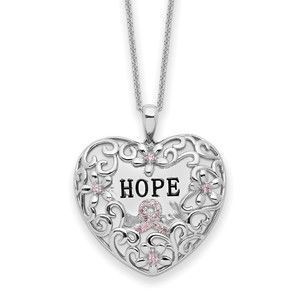 925 Sterling Silver Rhodium-plated Pink CZ Breast Cancer Heart 18in Necklace